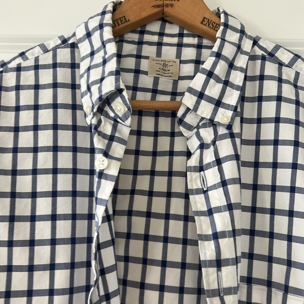 J. Crew 2-Ply 100% Cotton Navy Blue + White Windowpane Check Shirt L 16-16 1/2